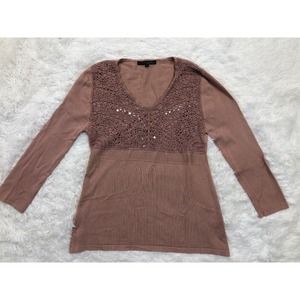 Pierri Sz M Pink 3/4 Sleeve Stretch Knit Top Sequin Crochet V Neckline Shirt Top